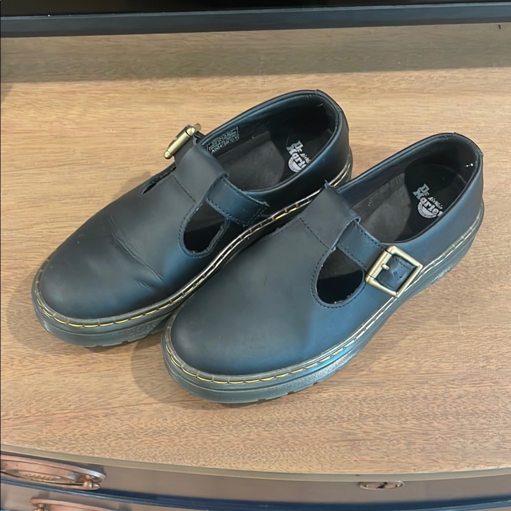 Dr. Martens Black Mary Jane Flats with Gold Buckles